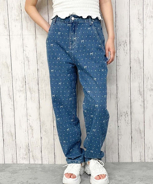 balanceweardesign 総柄 デニムパンツ XL ジーンズ デニム デニムパンツ 「総柄リボン×美脚シルエット