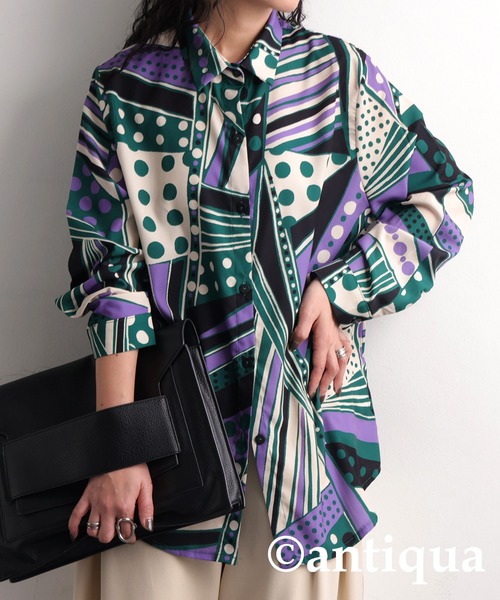 ブラウス シャツ レトロアート柄シャツ レディース