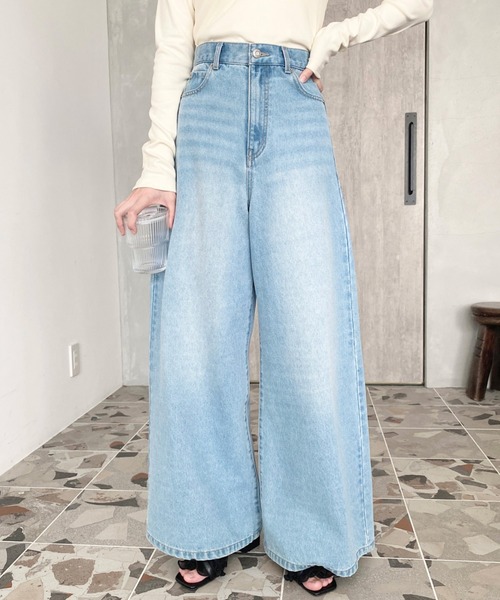 ワイドデニムパンツ ジーンズ フレア コットン 3colors XS/XXL セール】フレアワイドデニム（デニムパンツ）｜styling