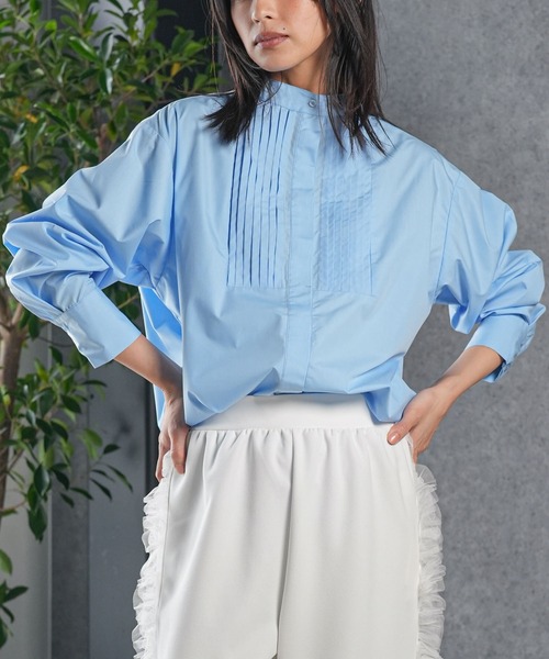 ブラウス シャツ ESSENTIALタキシードシャツ レディース mili an deni ブラウス シャツ ノーカラータキシードシャツ