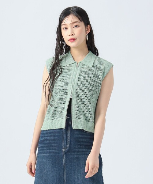 ベスト ジレ ラメニット メッシュ ポロベスト レディース