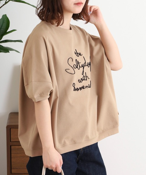 tシャツ EGLANTINE 歯ブラシ加工刺繍Tシャツ ぽわん袖カットソー レディース EGLANTINE tシャツ 歯ブラシ加工刺繍Tシャツ ぽわん袖カットソー