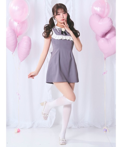 Meroir ミーロワール タックフリルローズモチーフリボンワンピース Me roir ワンピース タックフリルローズモチーフリボン
