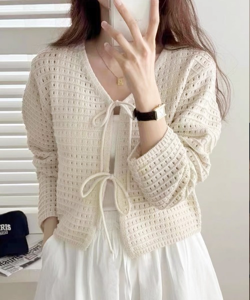 【美品】カネコイサオ★可愛いフロントフリルデザインカーディガン♪ ボタンレス 透かし編みニット ブラウン系 z15080 clear≪新色追加≫フリル透かし編みニットカーディガン[CL9391