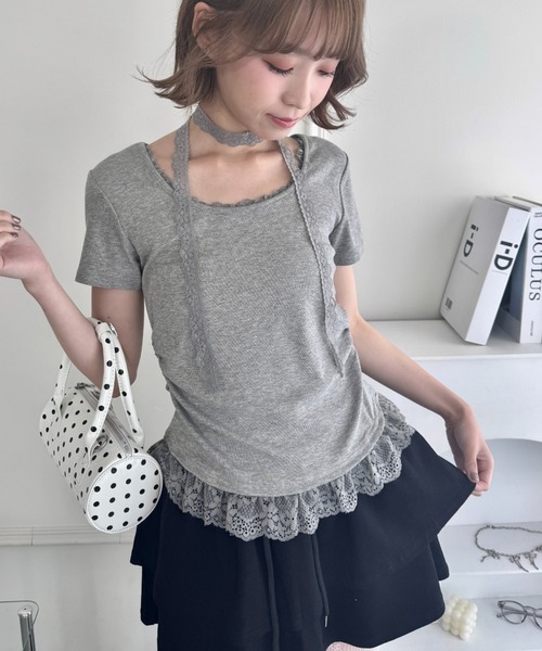 Loueme tシャツ 半袖 レースチョーカー付き裾フリルトップス