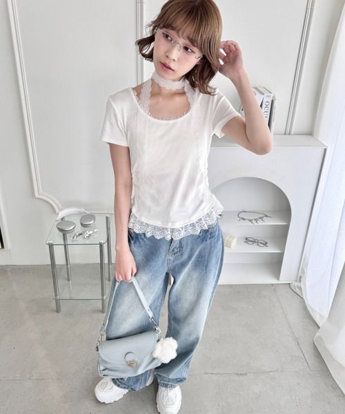 Loueme tシャツ 半袖 レースチョーカー付き裾フリルトップス