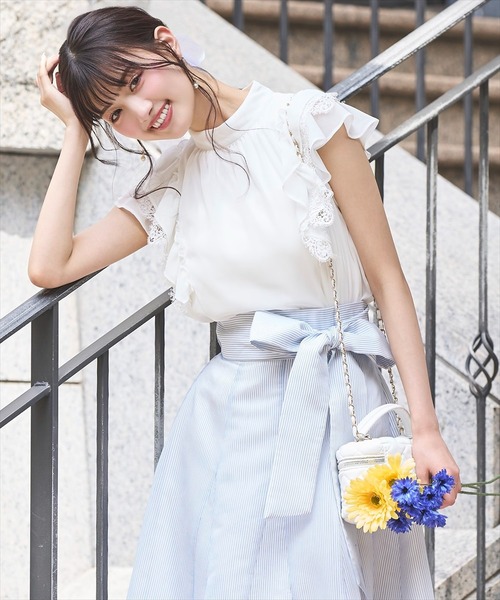 ブラウス シャツ シフォン×レースフリルスリーブブラウス レディース