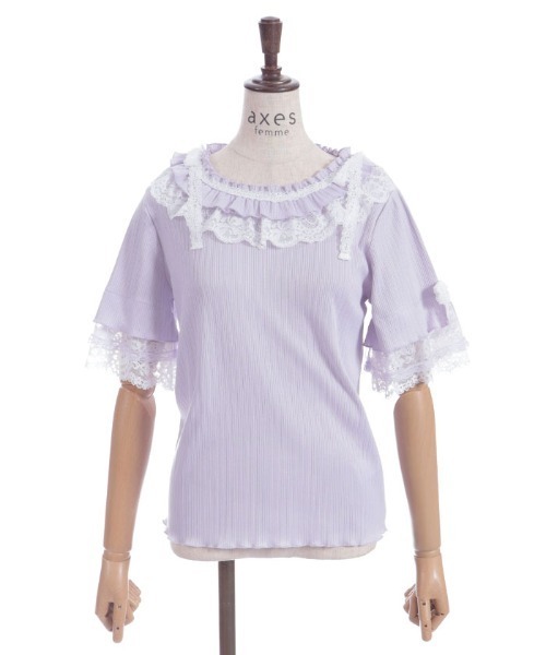 ★新品未使用★axes femme ピンク レース フリル リボン カットソー axes femme tシャツ フリル×レースリボンプルオーバー