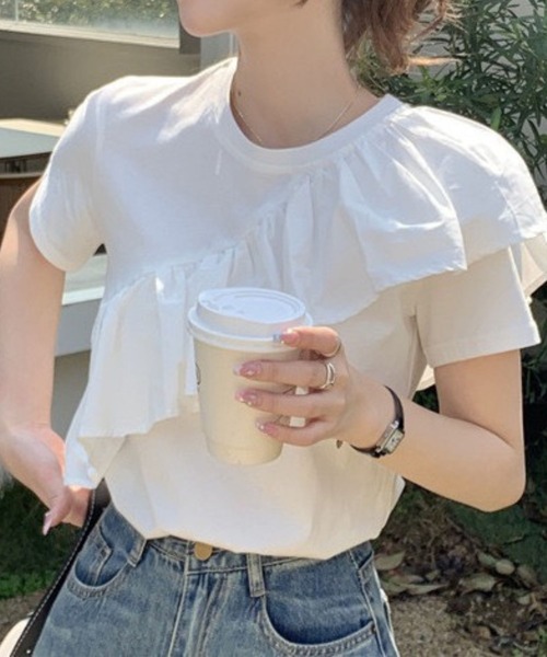 tシャツ フリル使いクルーネック半袖Tシャツ レディース
