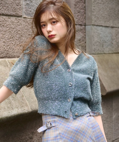 ニット セーター ラメフェザー半袖カーディガン レディース