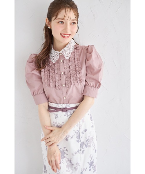 極美品*22SS プラダ 2way クロップド チェックシャツ フリル レース rienda | フロントフリル2WAYレースブラウス (シャツ・ブラウス