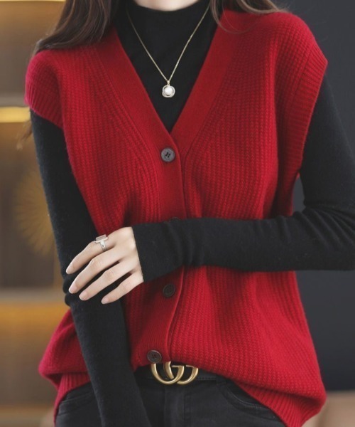 deux amour ベスト ジレ Vネック前ボタンニットベスト レディース