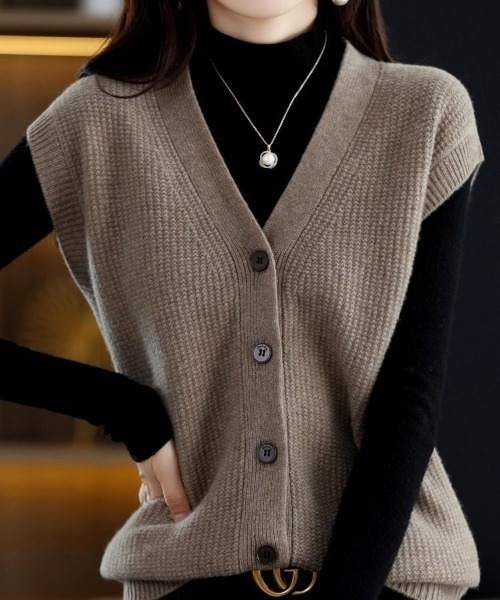 deux amour ベスト ジレ Vネック前ボタンニットベスト レディース