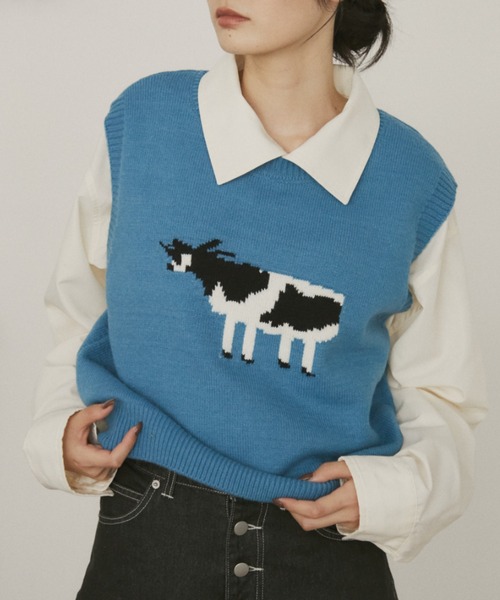 MERLOT（メルロー） ベスト ジレ アニマルジャガードニットベスト