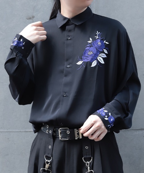 刺繍デザイン ネイビー シャツ REZEN（リゼン） シャツ 椿刺繍シャツ メンズ : ZOZOTOWN Yahoo!店