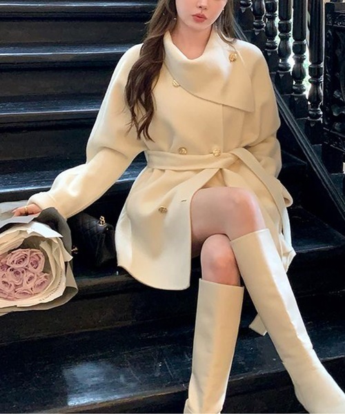 コート アウター ウエストベルト付きエレガントミドル丈コート／金