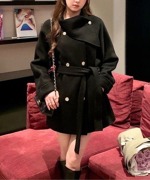 コート アウター ウエストベルト付きエレガントミドル丈コート／金