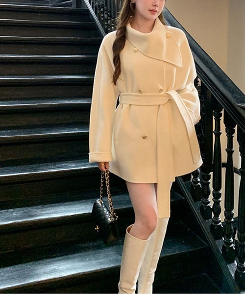 コート アウター ウエストベルト付きエレガントミドル丈コート／金