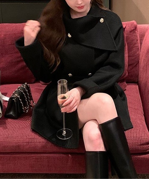 コート アウター ウエストベルト付きエレガントミドル丈コート／金