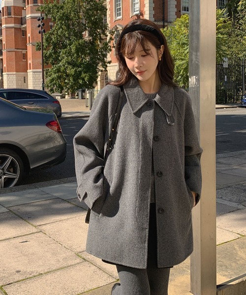 Aelina ステンカラーコート コート スタンドカラーミドル丈メルトン