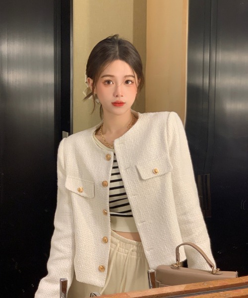 「おしゃれスタ」 ツイードジャケット L グレー レディース_画像4