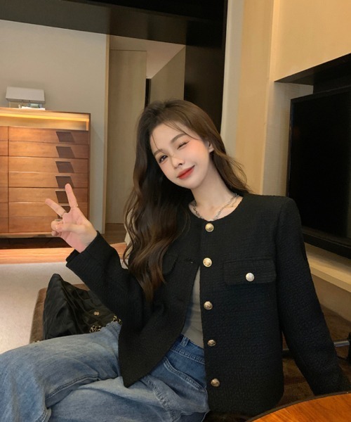 「おしゃれスタ」 ツイードジャケット L グレー レディース_画像8