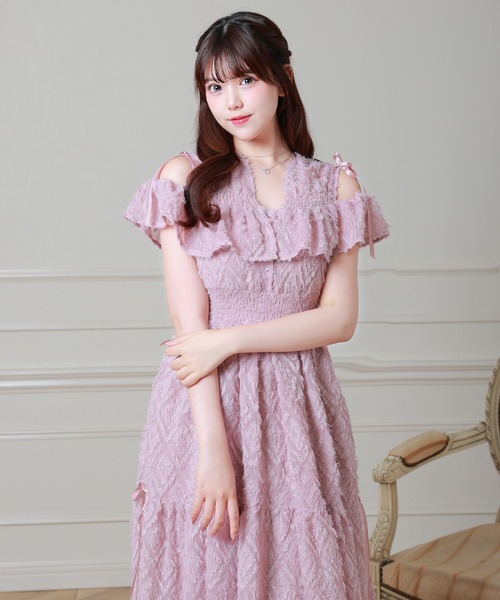 n*i様 イデアルーチェ　コットンティアードロングワンピース ピンク Anely ワンピース 半袖 シャギー ジャガード フリル ティアード ロング