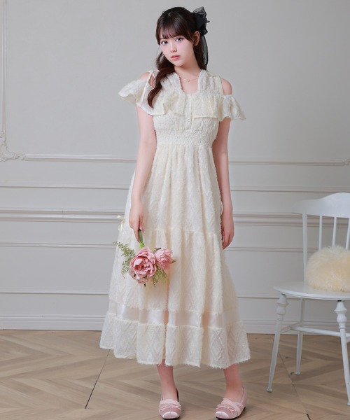 Anely ワンピース 半袖 シャギー ジャガード フリル ティアード ロング