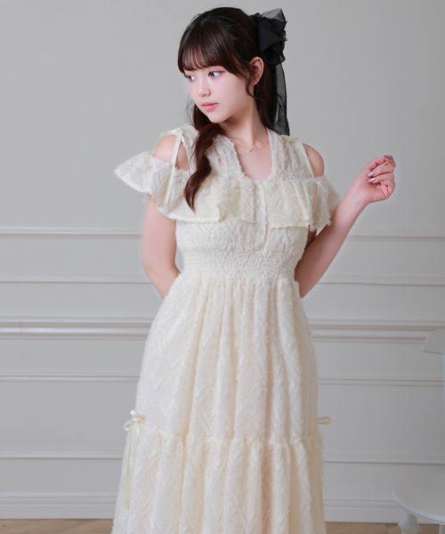 Anely ワンピース 半袖 シャギー ジャガード フリル ティアード ロング