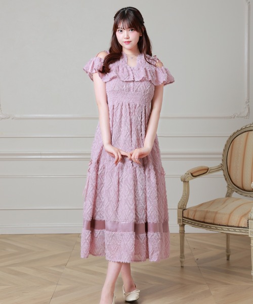 Anely ワンピース 半袖 シャギー ジャガード フリル ティアード ロング