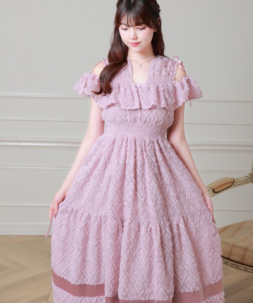 Anely ワンピース 半袖 シャギー ジャガード フリル ティアード ロング