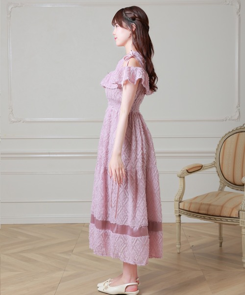Anely ワンピース 半袖 シャギー ジャガード フリル ティアード ロング
