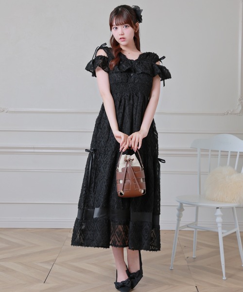 Save The Queen 刺繍黒長袖フリルワンピース 平成ギャル punk風 Anely ワンピース 半袖 シャギー ジャガード フリル ティアード ロング