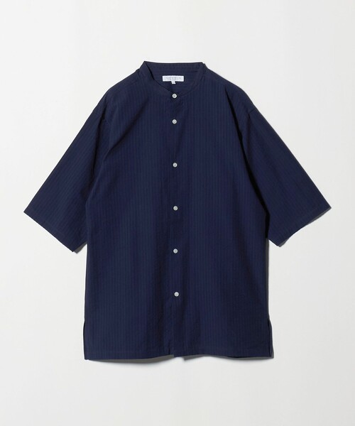 【新品未使用タグ付】【STAMP AND DIARY】半袖シャツ　ネイビー A DAY IN THE LIFE シャツ 半袖 サッカー リラックス バンドカラー 5分