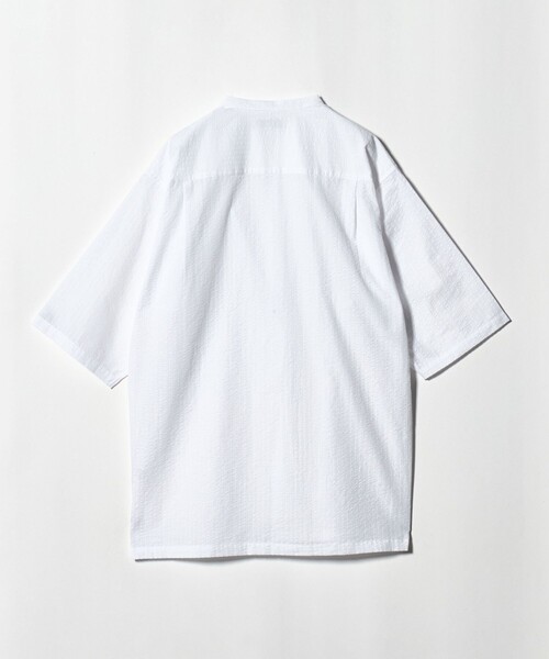 新品タグ付　Soi-e ソワ バンドカラー コットン シャツ 白　ゆったり　春夏 A DAY IN THE LIFE シャツ 半袖 サッカー リラックス バンドカラー 5分