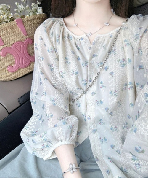 ブラウス シャツ ラウンドネック花柄刺繍ブラウス レディース