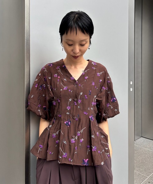 Ameri（アメリ） ブラウス シャツ 夏 半袖 LUCIA BERRY EMBROIDERY 