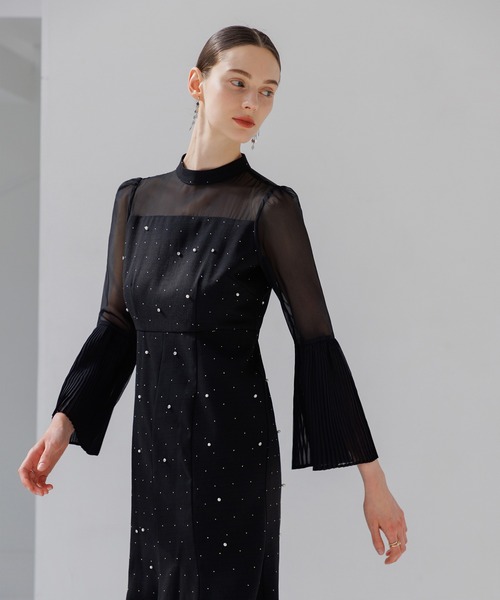 Leja ドレス 「LEJA」パールビジュー付き透け感プリーツフレア
