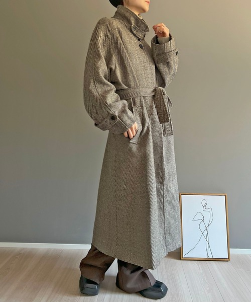 人気✨ yoshie inaba ヘリンボーン ロングコート ゆったり 日本製 Jewelobe コート チェスターコート ヘリンボーン比翼ロング