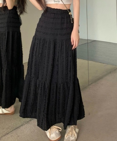 Achic スカート 切り替えレースフレアロング丈スカート