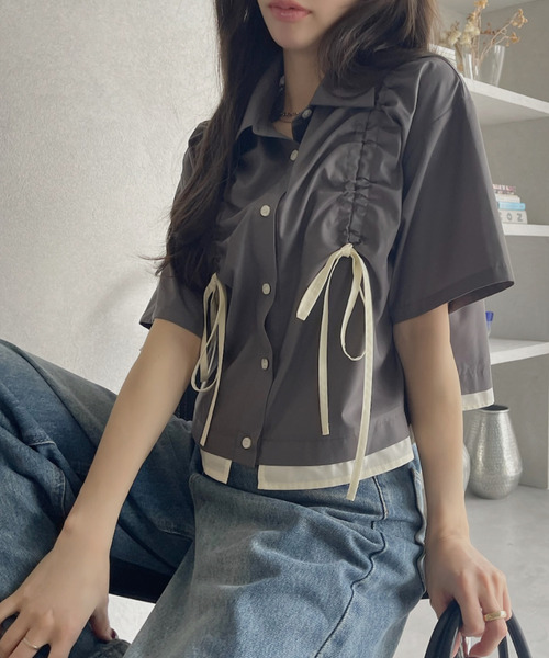 ブラウス シャツ チェックスタンドフロントギャザー半袖シャツ レディース ＆HALF（アンドハーフ）の「フロントギャザー半袖ワイドブラウス
