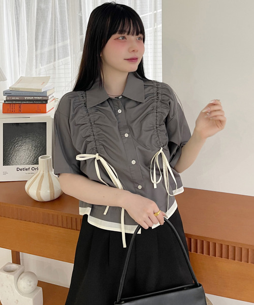 ブラウス シャツ チェックスタンドフロントギャザー半袖シャツ レディース ＆HALF（アンドハーフ）の「フロントギャザー半袖ワイドブラウス
