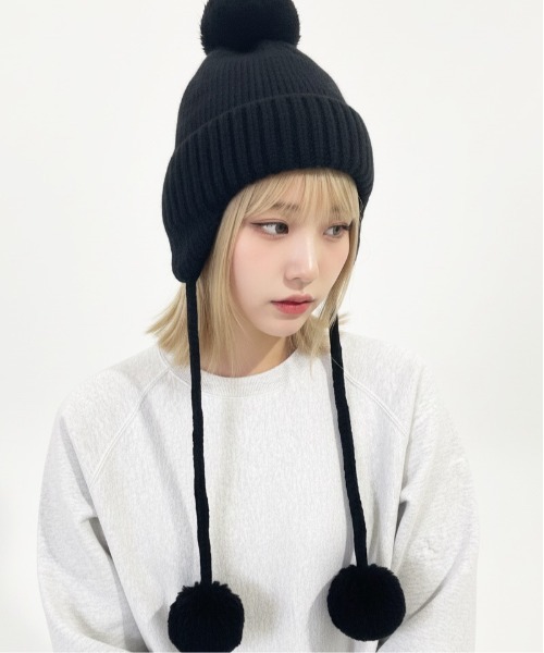 ニット帽 ニットキャップ 「HIKA」ポンポン付き耳つきニットCAP