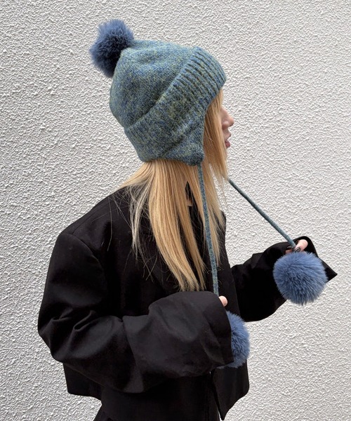 ニット帽 ニットキャップ 「HIKA」ポンポン付き耳つきニットCAP