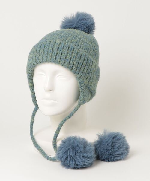 水色 BOATHOUSEニット帽 ポンポン付き ニット帽 ニットキャップ 「HIKA」ポンポン付き耳つきニットCAP