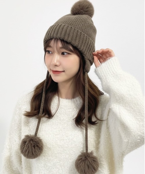 キャピタル　KAPSIZE ポンポン付きニット帽 ニット帽 ニットキャップ 「HIKA」ポンポン付き耳つきニットCAP