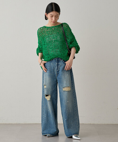 【Loungedress】テープヤーンハンドニットプルオーバー　ベージュ セール】テープヤーンハンドニットプルオーバー（ニット
