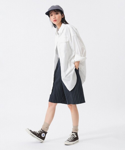 ストライプショートパンツ 30インチ ハーフパンツ ショートパンツ ストライプ 膝上 スリム 紺/白 30