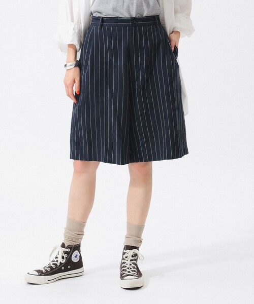 ストライプショートパンツ 30インチ ハーフパンツ ショートパンツ ストライプ 膝上 スリム 紺/白 30