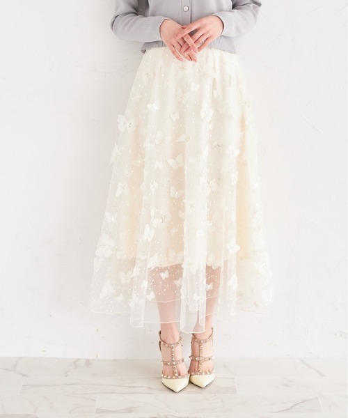 ビジュー×パピヨンモチーフチュールフレアスカート tocco closet スカート ビジュー×パピヨンモチーフチュール